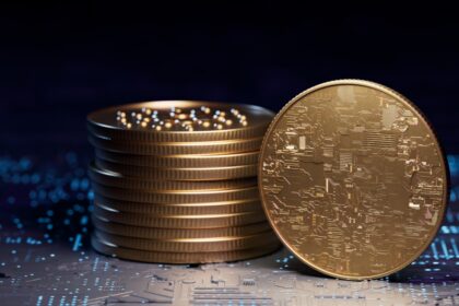 short stack of gold coins, with one standing on edge