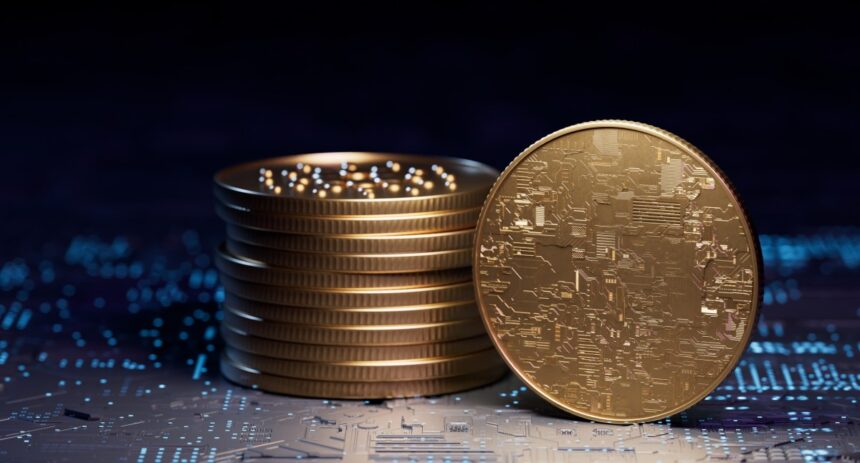 short stack of gold coins, with one standing on edge