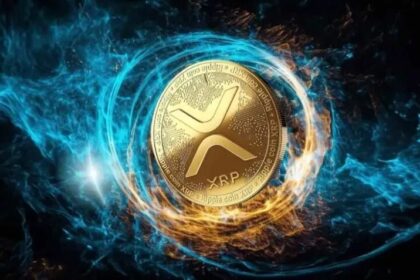 Golden XRP coin with blue and orange energy swirls