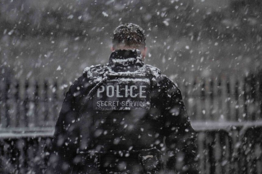 A uniformed Secret Service officer stands watch in the snow outside the White House in Washington, DC, on January 19, 2025.