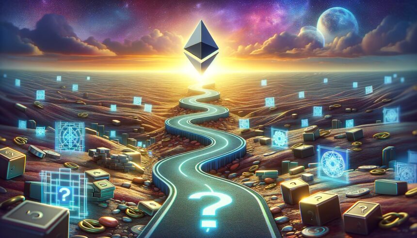 Ethereum logo above a glowing path with question mark and digital blocks