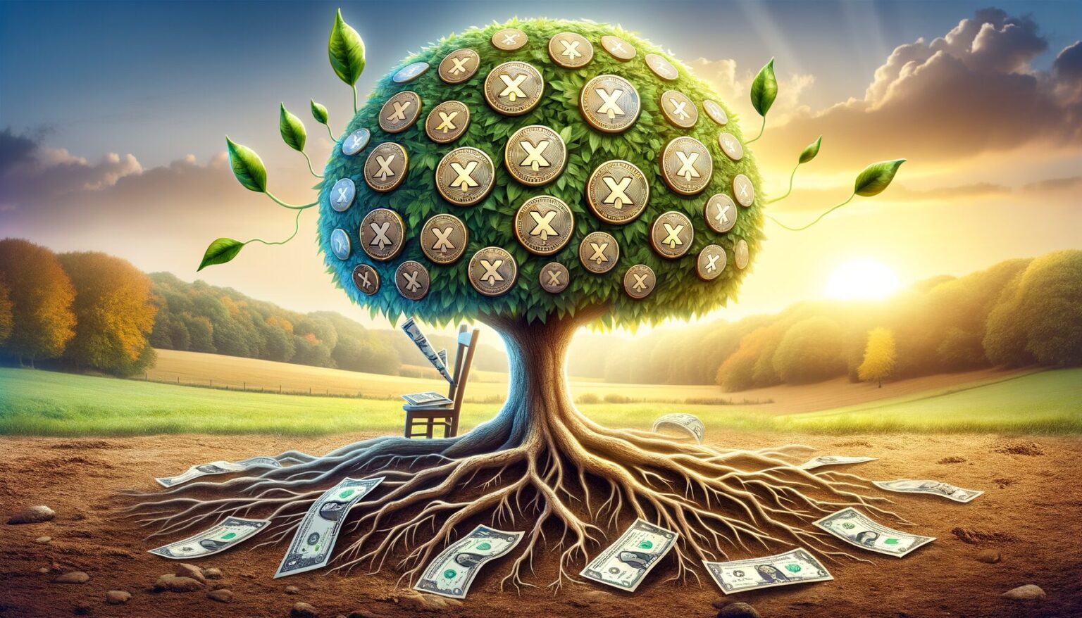 Chainlink Polkadot and Solana coins in a pool of money and gold