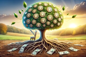 Chainlink Polkadot and Solana coins in a pool of money and gold