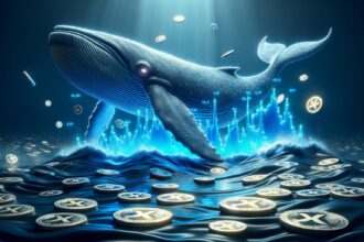 massive blue whale swimming through an ocean of rippling XRP coins