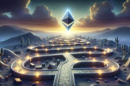 Ethereum logo hovering above a digital maze pathway in desert landscape