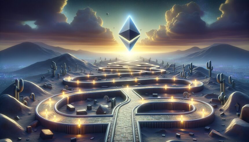 Ethereum logo hovering above a digital maze pathway in desert landscape