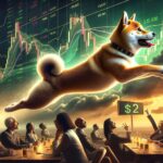 Dogecoin dog breaking through a price chart barrier, soaring upward with a $2 price target