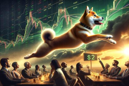 Dogecoin dog breaking through a price chart barrier, soaring upward with a $2 price target