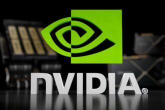 NVIDIA logo in green with GPU products in background