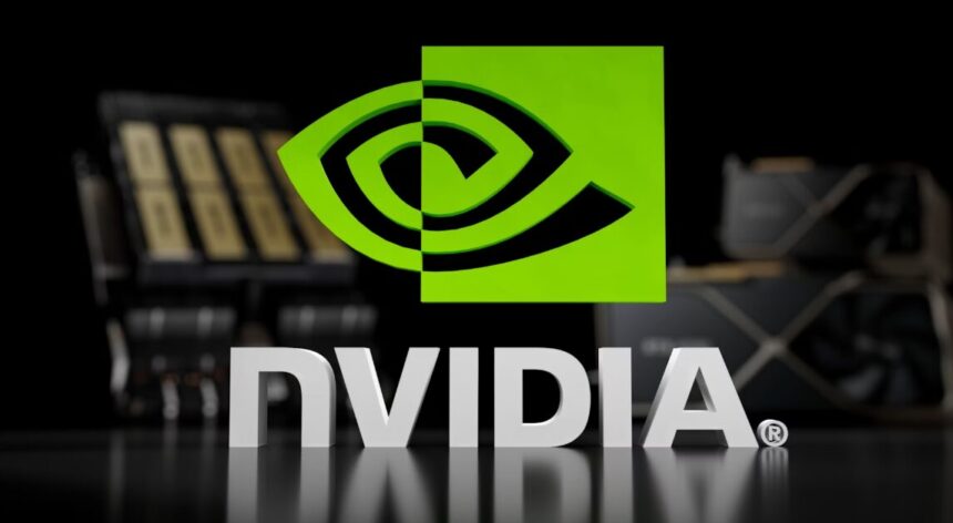 NVIDIA logo in green with GPU products in background