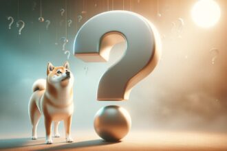 Shiba Inu dog looking up at large question mark with small question marks in background