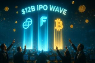 $12B IPO wave with Gemini, Figure, and Bitcoin logos as light pillars