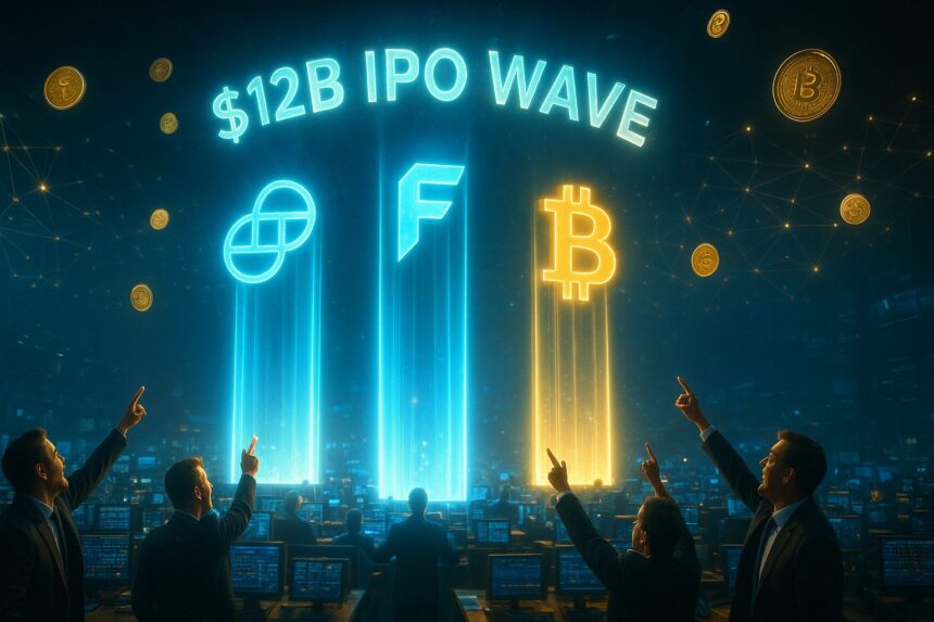 $12B IPO wave with Gemini, Figure, and Bitcoin logos as light pillars