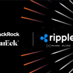 BlackRock and VanEck logos alongside Ripple branding with XRP Ledger and RLUSD identifiers on dynamic black background with colorful geometric lines