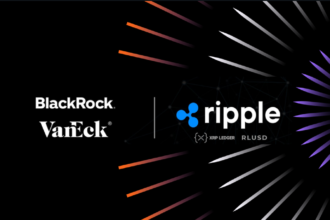 BlackRock and VanEck logos alongside Ripple branding with XRP Ledger and RLUSD identifiers on dynamic black background with colorful geometric lines