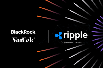 BlackRock and VanEck logos alongside Ripple branding with XRP Ledger and RLUSD identifiers on dynamic black background with colorful geometric lines