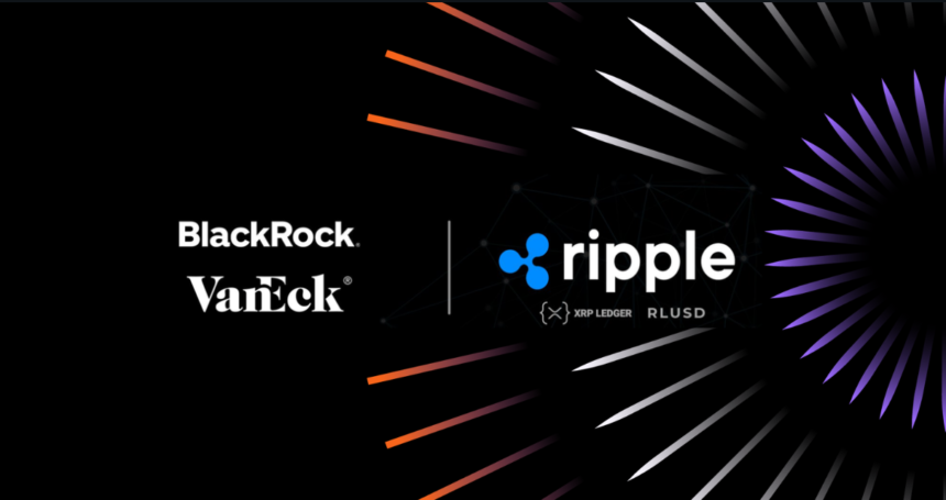 BlackRock and VanEck logos alongside Ripple branding with XRP Ledger and RLUSD identifiers on dynamic black background with colorful geometric lines