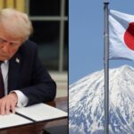Trump signing papers on desk with Japan flag