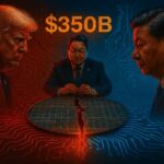 Donald Trump and Xi Jinping facing each other across a cracked semiconductor wafer, South Korean president standing in the middle