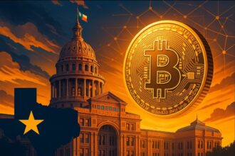 Texas Comptroller office building with Bitcoin symbols