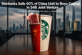 Starbucks coffee cup showing ownership split between Boyu Capital and Starbucks