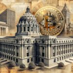 Government building with Bitcoin symbol and cityscape in sepia tone design