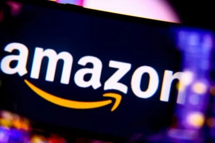 Amazon logo on dark background with company