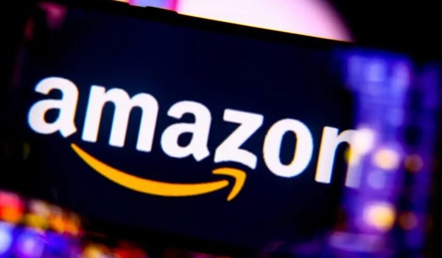 Amazon logo on dark background with company