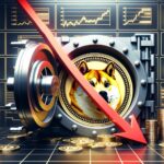 Dogecoin logo inside vault with downward red arrow and financial charts