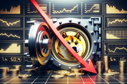 Dogecoin logo inside vault with downward red arrow and financial charts