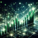 Glowing green cryptocurrency market charts with rising trend lines and digital network connections in a futuristic cityscape visualization