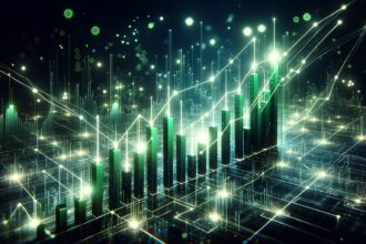 Glowing green cryptocurrency market charts with rising trend lines and digital network connections in a futuristic cityscape visualization