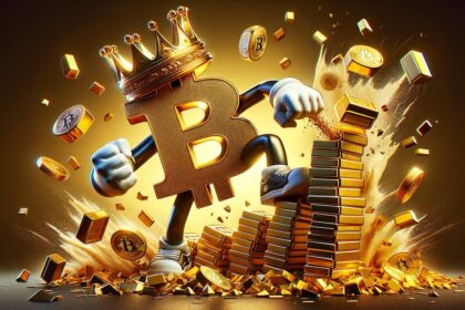 Bitcoin wearing a crown ,attacking gold bricks