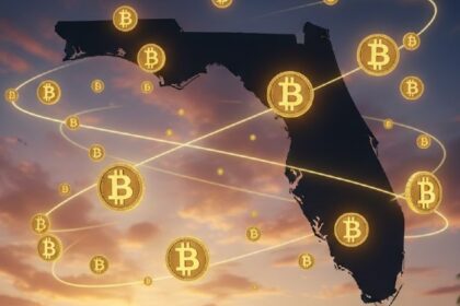 Silueta del estado de Florida con bitcoin alrededor.