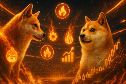 Shiba Inu dog and Doge meme dog facing off in an epic battle arena