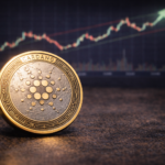 A Cardano (ADA) cryptocurrency token placed on a table with a blurred upward-trending market chart in the background.