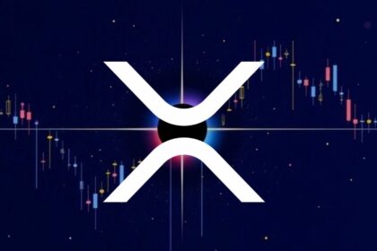 XRP logo with price chart candlesticks on dark blue background