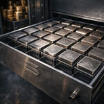 Vault drawer filled with uniform metal asset blocks bearing the Solana emblem, symbolizing tokenized stocks being listed on-chain for Wall Street