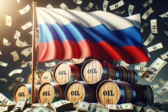 russia flag with oil barrels