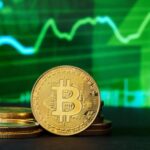 Bitcoin coin with green price chart in background