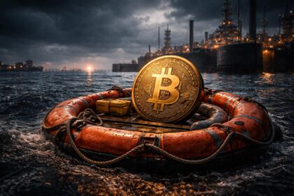 Bitcoin on a lifebuoy in choppy waters near an oil terminal, symbolizing market uncertainty as traders brace for a potential drop toward $50k despite outperforming gold and stocks