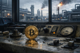 Bitcoin on an industrial control panel with oil refinery fires in the background as markets test a bullish move toward $75,000 after the Iran pause
