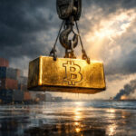 Bitcoin gold bar suspended by an industrial crane above a stormy shipping port, symbolizing Bitcoin’s price surge amid geopolitical tension from the Iran war and uncertainty tied to Trump tariff policies.