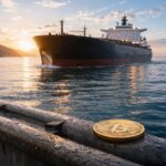 Bitcoin coin on a dock as an oil tanker passes at sunrise, reflecting easing supply shock and a potential price breakout toward lower oil levels