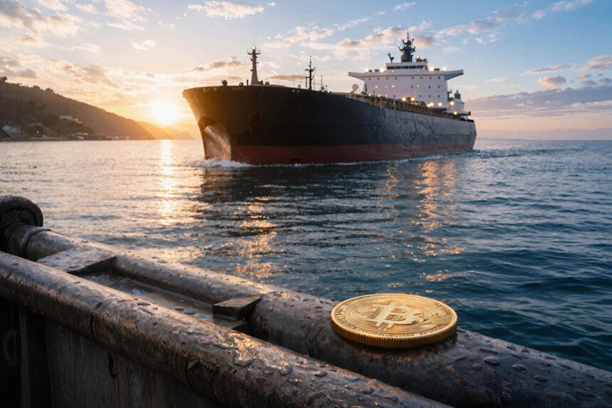 Bitcoin coin on a dock as an oil tanker passes at sunrise, reflecting easing supply shock and a potential price breakout toward lower oil levels