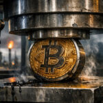 Bitcoin coin being crushed by an industrial press in a smoky refinery setting, symbolizing pressure on Bitcoin price as US economic growth slows and inflation remains persistent