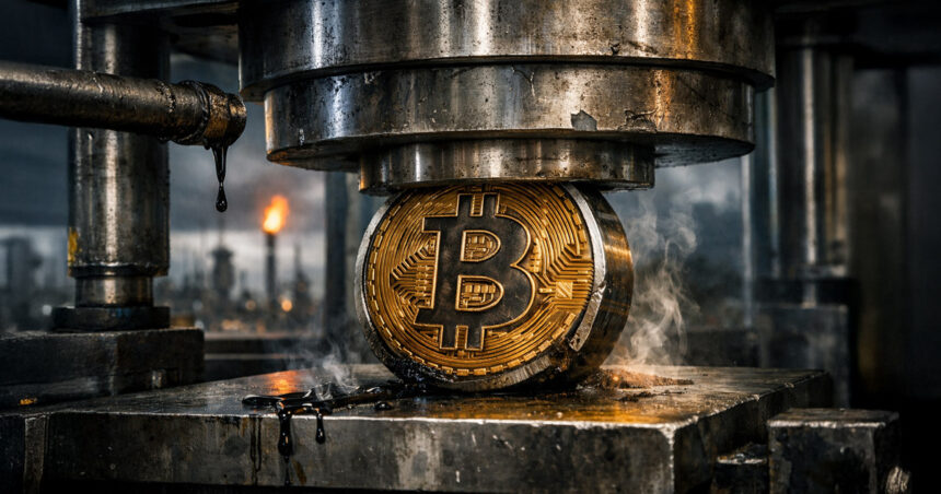 Bitcoin coin being crushed by an industrial press in a smoky refinery setting, symbolizing pressure on Bitcoin price as US economic growth slows and inflation remains persistent