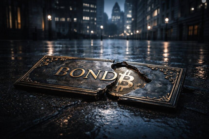 Cracked bond plaque revealing a Bitcoin beneath on a rain-soaked city street, symbolizing Britain’s bond market turmoil shifting attention toward Bitcoin