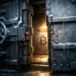 Frozen vault door opening to reveal a glowing Bitcoin, symbolizing regulatory clarity unlocking access and impacting Bitcoin holdings