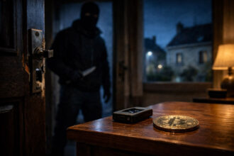Binance coin on a boardroom table beside a cracked glass panel and a newspaper, symbolizing legal pressure and shifting media scrutiny surrounding the latest lawsuit against Binance